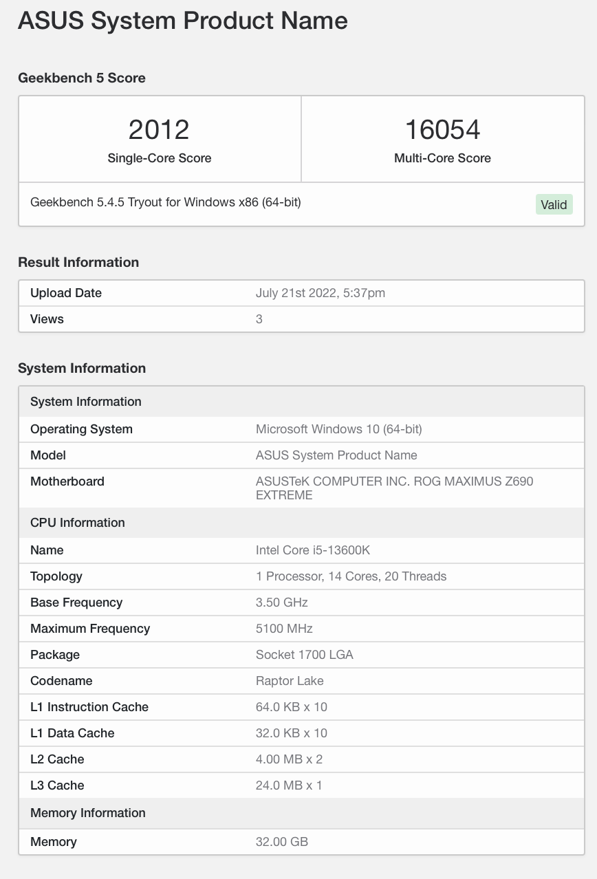 英特尔 i5-13600K 现身 Geekbench：14 核 20 线程，睿频 5.1GHz